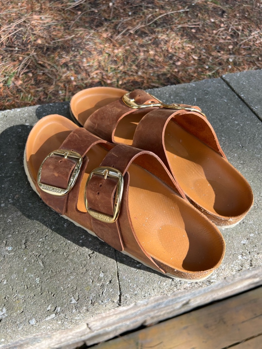 Birkenstock Arizona Leather Two-Strap Sandals with Gold Buckles